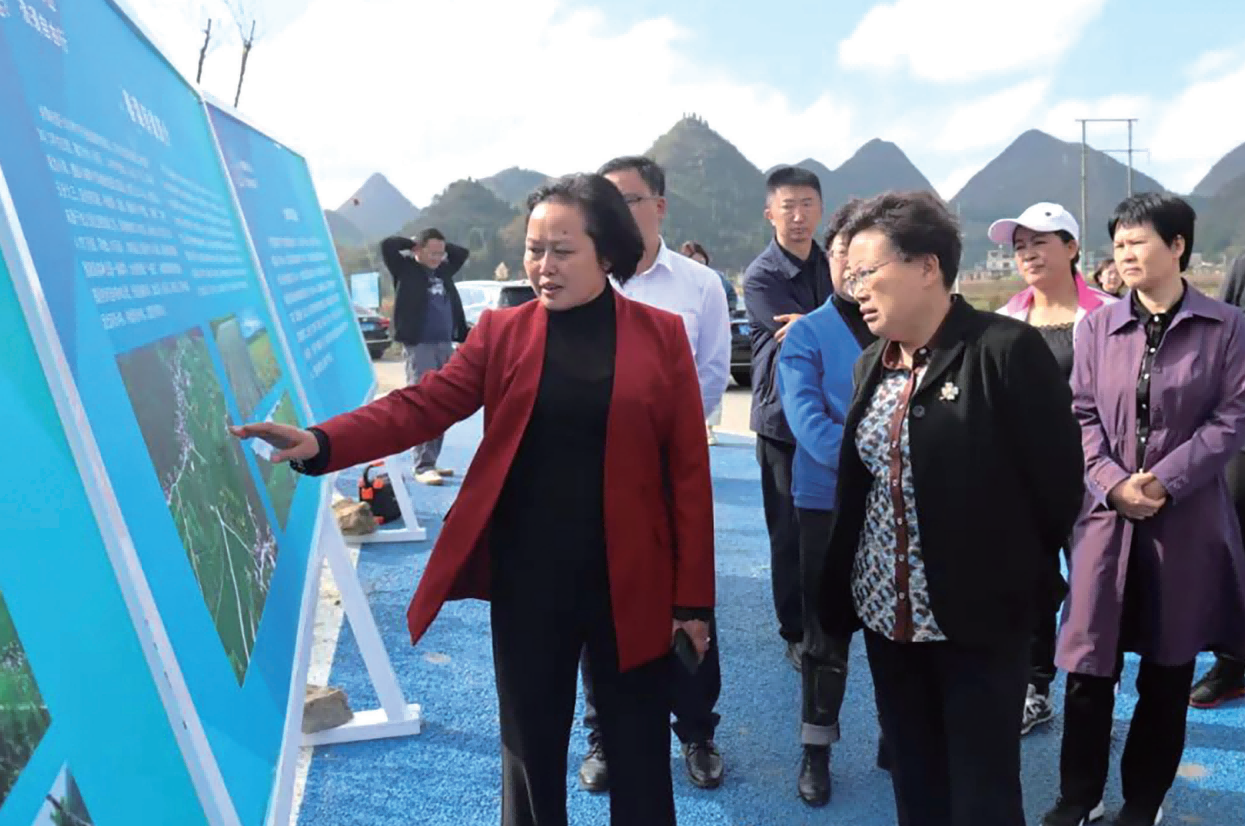 黔西南州人大常委会党组书记、主任 罗春红（左二）在安龙县当朝居委会上纳马河段听取管 护情况汇报。(1).png